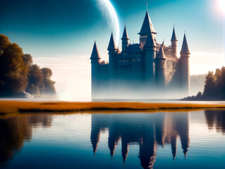 Castle is shown in the middle of body of water with full moon in the background.