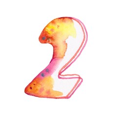 A colorful watercolor number "2" painted in rainbow hues stands vividly against a pristine white backdrop, blending artistic flair with numerical precision