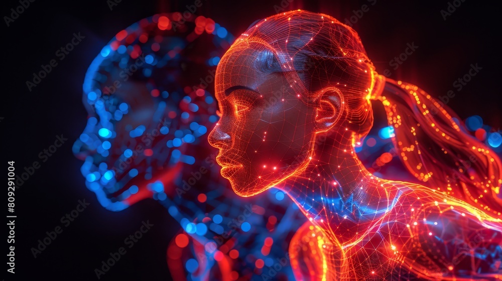 Poster A womans face and body highlighted by vibrant neon lights, creating a striking and futuristic visual effect.