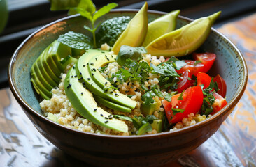 Bowl of avocado quinoa tomato lime and mint. Healthy breakfast.