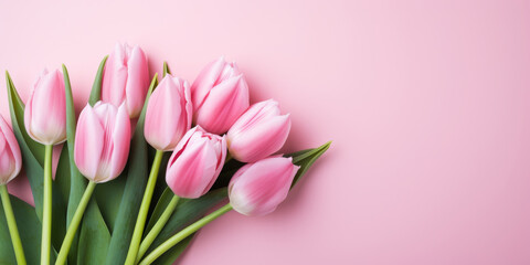 Pink Tulips With Green Leaves On Pink Background With Copy Space. Spring Bouquet. Floral Decor. Generative A