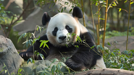 Obraz premium A large mammal panda is relaxing in the zoo. A close-up view of a panda wearing bamboo