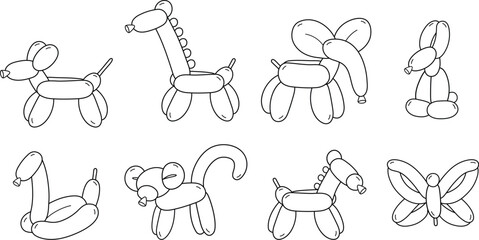 Balloon Animals Outlines for a Party Clipart Set - Dog, Giraffe, Elephant, Bunny, Snake, Monkey, Horse and Butterfly