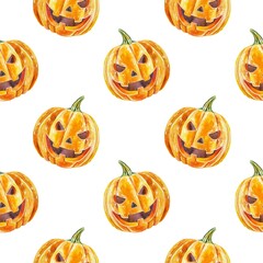 Halloween pumpkin, seamless pattern. Hand drawn watercolor illustration isolated on white background. For cards, invitations, wrapping paper, fabric.