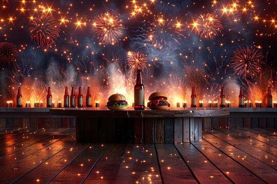 Burgers on a wooden board in pub, barbecue with American flag, beer and fireworks in the background. 4 July independence day celebration happy hours and sales.