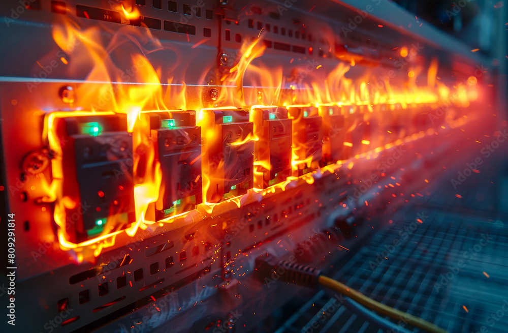 Poster firewall in data center. network switch and cables in fire on data center background.
