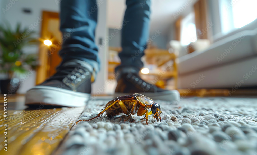 Poster cockroach is crawling on the floor in the foreground and man is in the background.