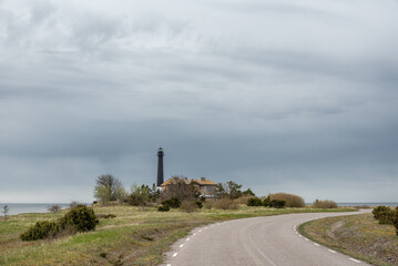 Sorve lighthouse in the south of Saaremaa island, Estonia on cloudy spring day