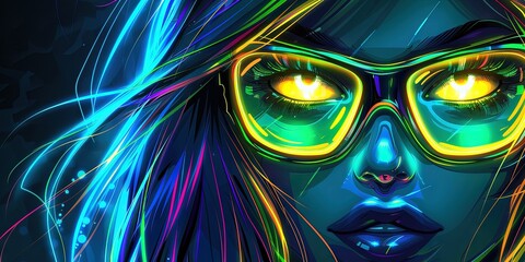 woman's face glowing blue with green sunglasses