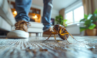 Man is walking on dirty carpet with giant cockroach.