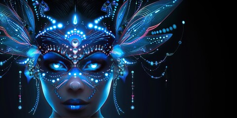 woman's face glowing blue with futuristic carnival mask