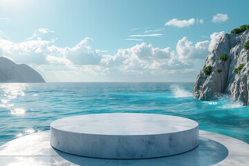 3d products display podium scene. Greek coast in the background with blue sea and white rocks