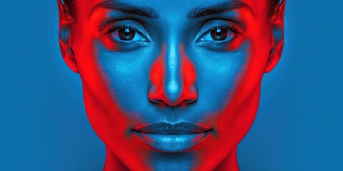 woman's face glowing blue and red