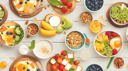 seamless Healthy breakfast. Top view of various food on white wooden table