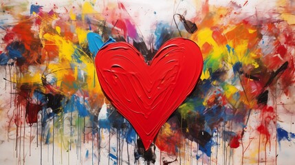 Abstract Painting With Bold Red Heart Amidst Colorful Splashes on Canvas