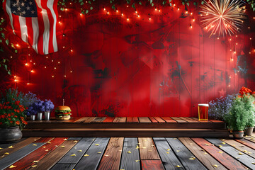 Burgers on a wooden board in pub, barbecue with American flag, beer and fireworks in the background. 4 July independence day celebration happy hours and sales.