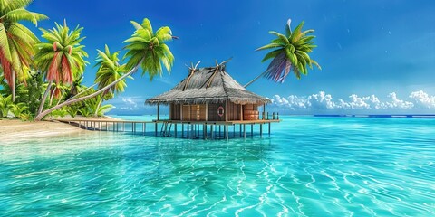 A stunning tropical island scene with crystal clear blue waters, palm trees swaying in the breeze and an overwater thatched hut on wooden planks extending into the water. 