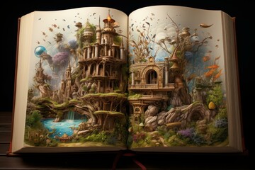 Open book on a desk showcasing a 3d pop-up illustration of a magical forest with castles