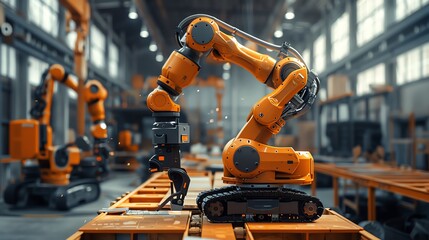 A construction scene with robots performing tasks like welding or bricklaying alongside human workers