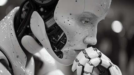 A thought provoking image of a robot with a humanlike face gazing contemplatively