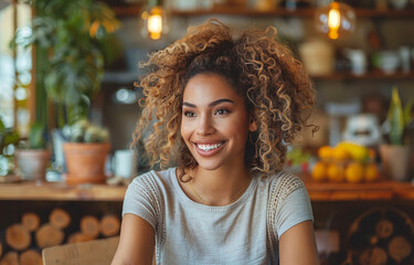 Portrait of beautiful young woman sitting in cafe and talking to someone