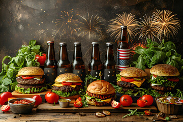 Burgers on a wooden board in pub, barbecue with American flag, beer and fireworks in the background. 4 July independence day celebration happy hours and sales.
