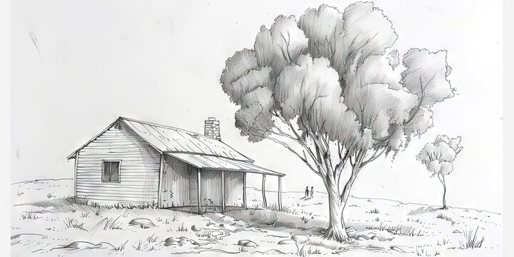 ink drawing of an old farmhouse in the Australian outback