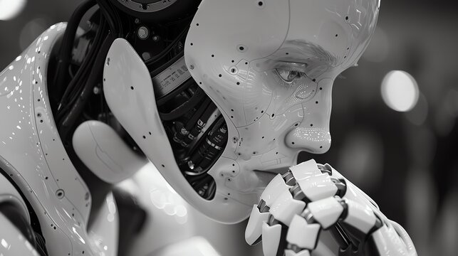 A thought provoking image of a robot with a humanlike face gazing contemplatively