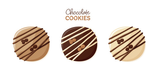 Set of round chocolate cookies with strips. Sweet dessert