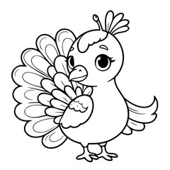 Cute vector illustration peacock drawing for toddlers colouring page