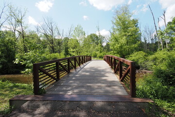 Fototapeta premium The wooden footbridge in the park.
