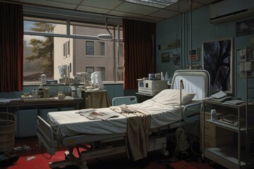 Eerie, empty hospital room with scattered medical equipment and a disheveled bed
