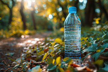 Single-use plastic water bottles discarded in a park, a close-up portrayal of frequent use and environmental neglect.. AI generated.