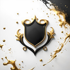 edles Wappen Schild kunstvoll in schwarz Gold als adelige blanko Vorlage freie Fläche Mockup für individuelles Logo und Symbol Design, isolierter Hintergrund in weiß