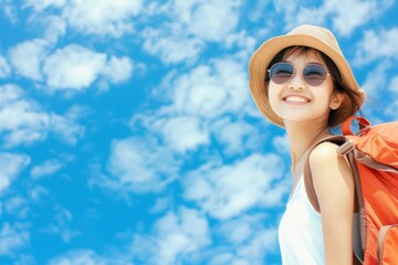 Asian woman tourist wearing sunglasses and beach hat with backpack, blue sky background - Vacation Readiness, Solo Travel