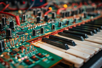 Obraz premium Electronic keyboard internals exposing the plastic base and wiring. AI generated.