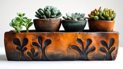 Four succulents in a ceramic planter with a leaf pattern