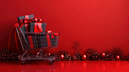 Shopping Cart Filled With Christmas Presents on Red Background