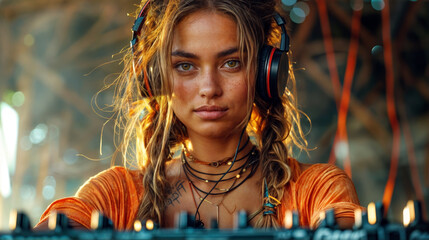 Beautiful dj girl with headphones and dj mixer on table at a beach party. Summer and entertainment concept.