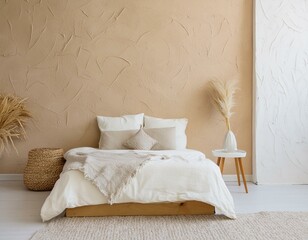 Minimalist interior design of modern bedroom with beige stucco wall with pillows