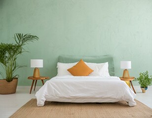 Minimalist interior design of modern bedroom with turquoise stucco wall and flowers