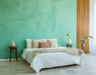 Minimalist interior design of modern bedroom with turquoise stucco wall and flowers