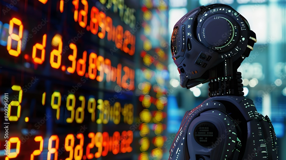 Poster futuristic ai robot observing stock market data. digital technology in finance. automated analysis c