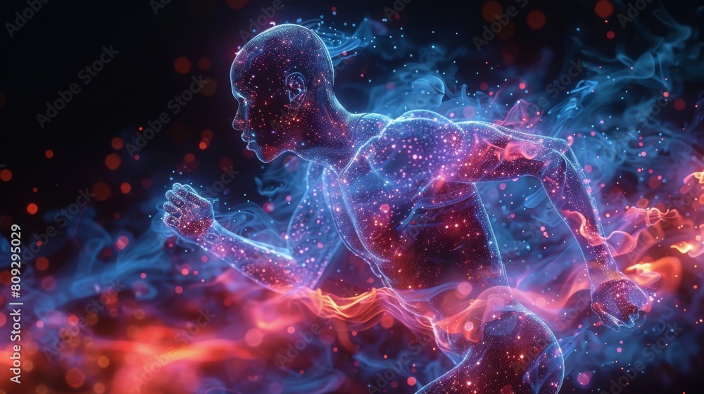 Poster A vividly colored, digital representation of a runner made of glowing particles.