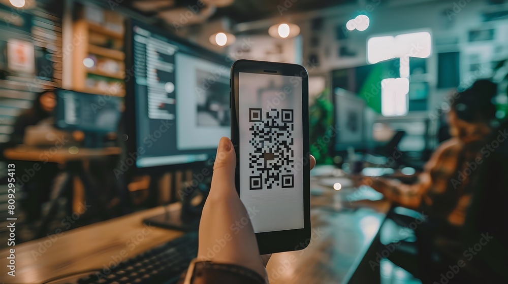 Aufkleber smartphone displaying qr code in focus at a modern workspace. hand holding phone, technology in use.