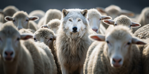 Obraz premium Wolf Stands Out Amongst Crowd Of Sheep On Farm. Lone Wolf Surrounded By Sheep Flock. Generative AI