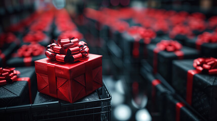 Black Boxes With Red Bows, Sale Display