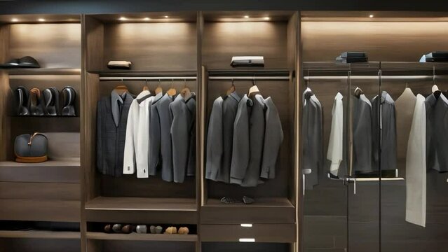 Room with custom closets, glass doors, interior of modern building, men's shirts, men's suits, shelves with men's shoes, console with ties