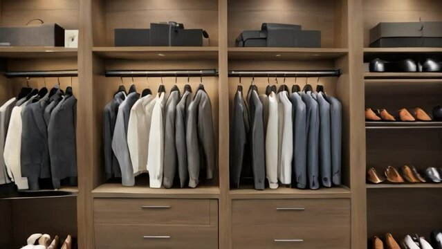 Room with custom closets, glass doors, interior lighting, men's shirts