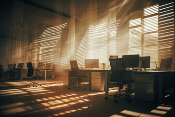 Warm sunset light filters through blinds, creating patterns in an empty office space